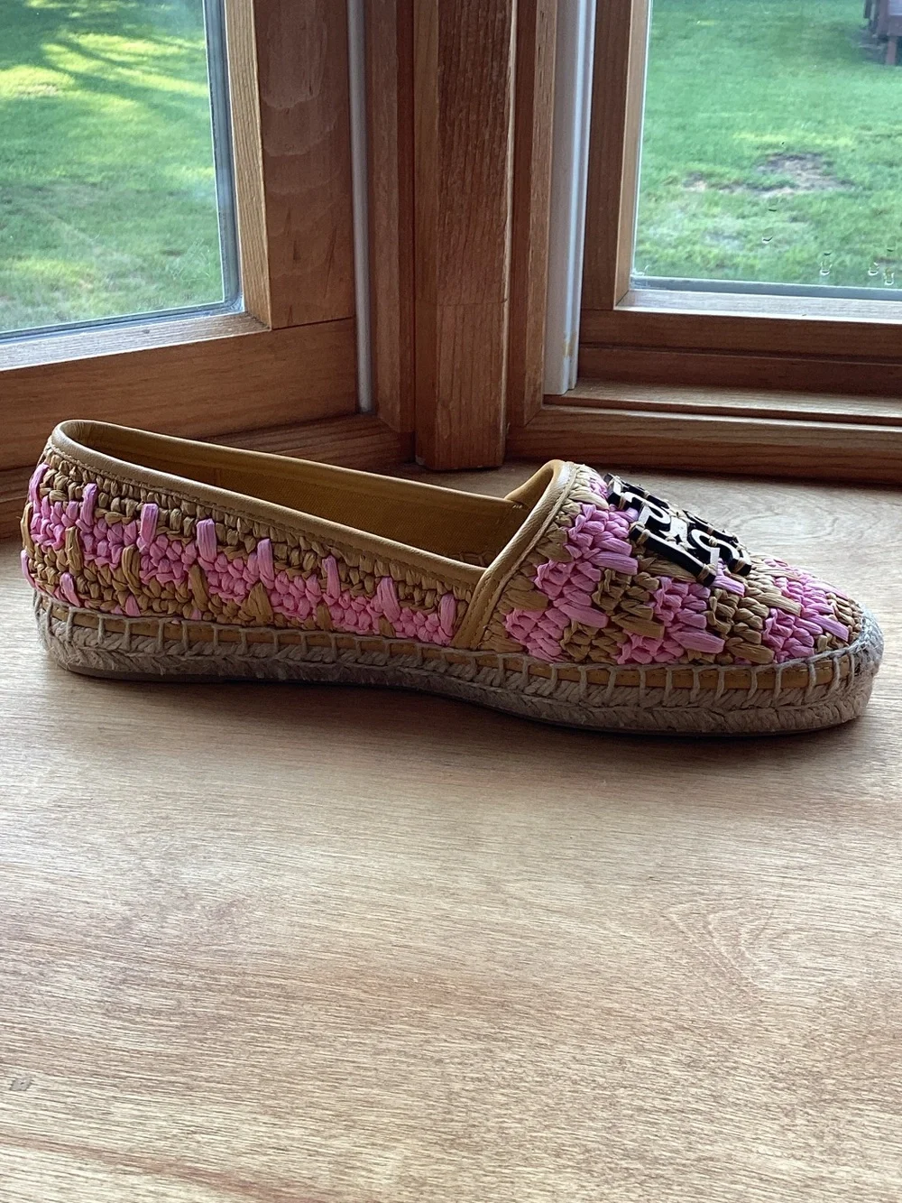Tory Burch Pink and Natural Woven Espadrille Loafers with Logo Plaque